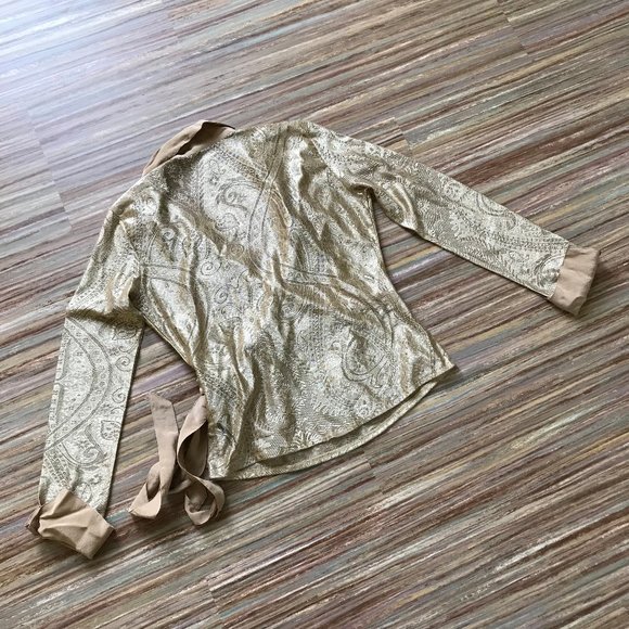 David Bitton Sheer Gold Paisley Faux Wrap Long Sleeve Top with Waist Tie Vintage - Picture 7 of 7